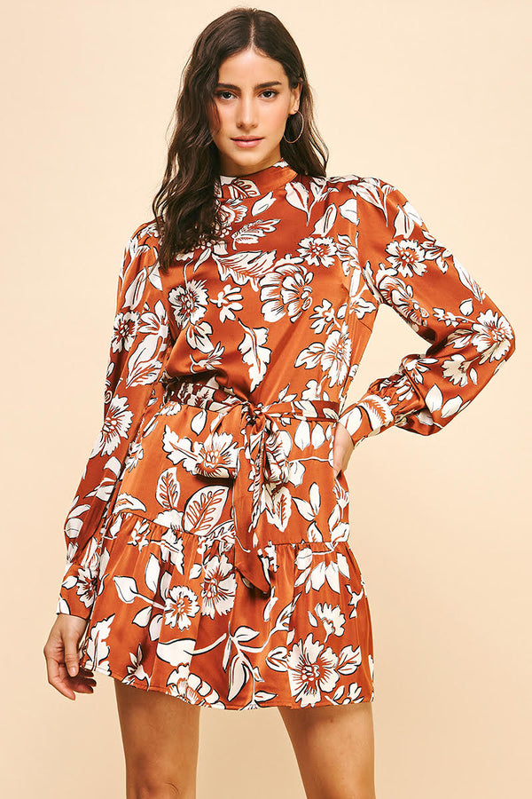 Jackie Floral Tie Dress - Copper & Oyster