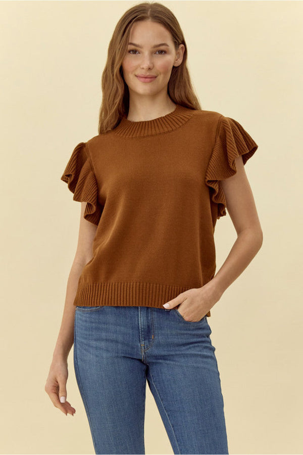 Kerrigan Ruffle Sleeve Knit - Tan