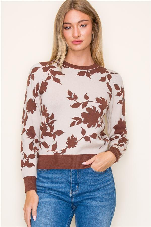 Rachel Floral Jacquard Sweater - Oatmeal & Chocolate